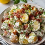 Jamie Oliver Potato Salad served in a rustic bowl with tender potatoes, crispy bacon, fresh basil, onion, and creamy Dijon dressing, photographed in natural light on a white marble countertop in a cozy home kitchen.