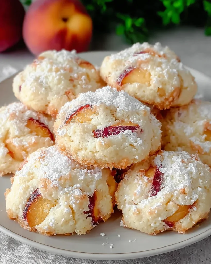 Freshly baked Italian Peach Summer Cookies dusted with powdered sugar and made with ripe peaches, butter, and vanilla. Soft homemade peach cookies arranged on a plate in natural light with a cozy summer kitchen background.