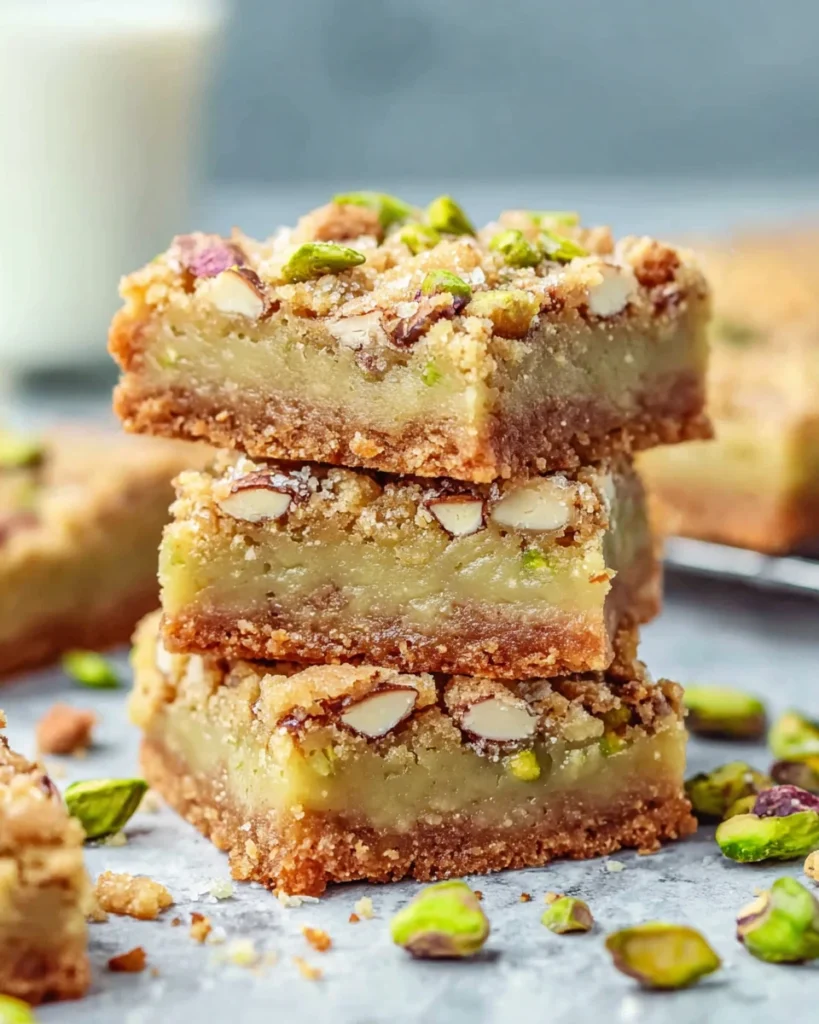 Freshly baked Pistachio Dream Cookie Bars with a soft chewy texture and golden edges, sliced into squares and served on a white marble countertop in natural window light. Homemade pistachio dessert made with sugar cookie mix, pistachio pudding mix, butter, and eggs.