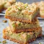Freshly baked Pistachio Dream Cookie Bars with a soft chewy texture and golden edges, sliced into squares and served on a white marble countertop in natural window light. Homemade pistachio dessert made with sugar cookie mix, pistachio pudding mix, butter, and eggs.
