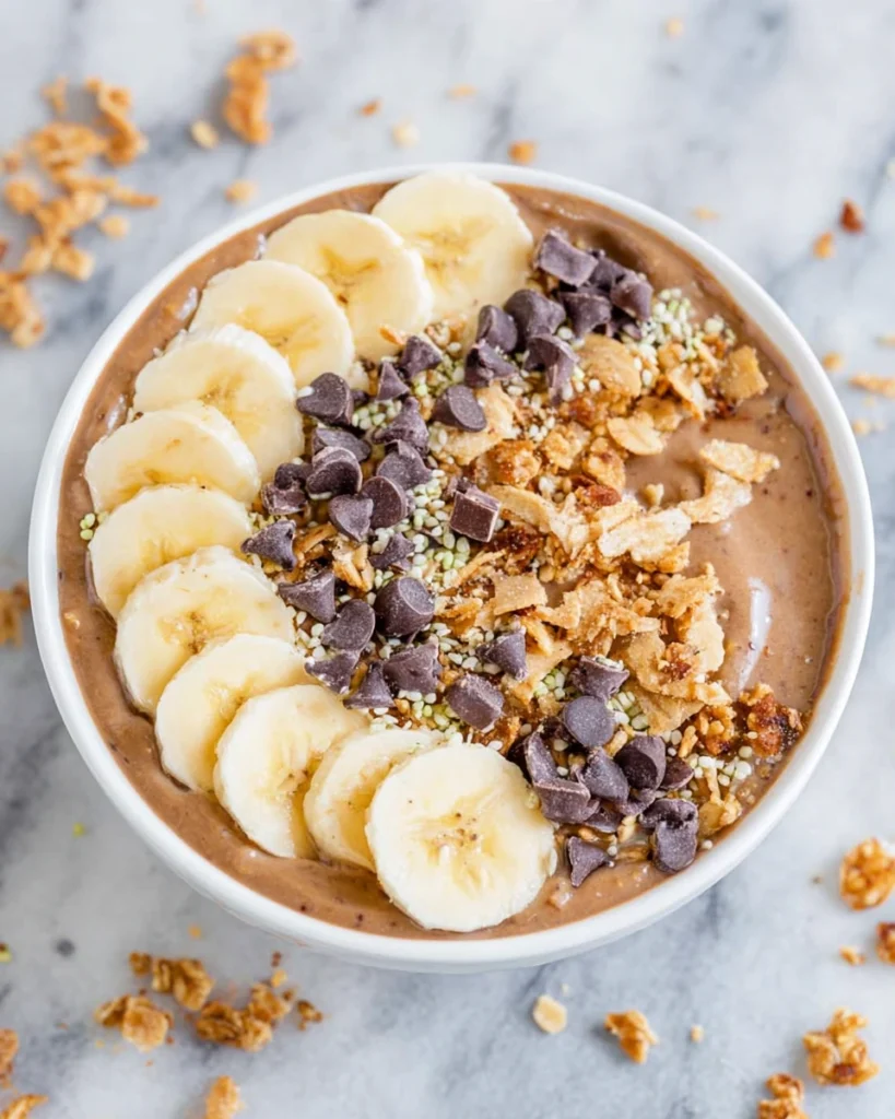 Chunky Monkey Smoothie Bowl topped with fresh banana slices, maple cinnamon granola, cacao nibs, hemp seeds, and chocolate chips in a white bowl on a marble countertop. Thick and creamy chocolate banana smoothie base with a healthy homemade breakfast presentation.