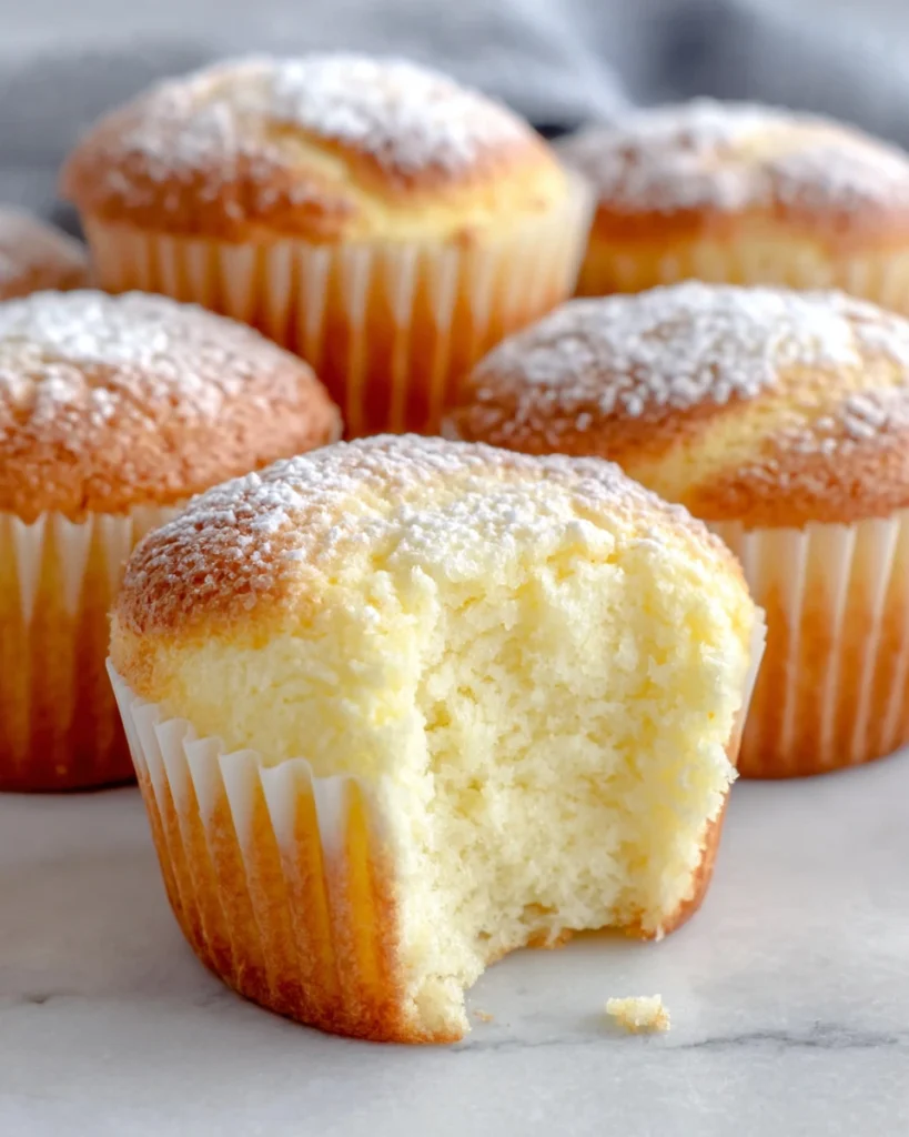 Fluffy Japanese Cotton Cheesecake Cupcakes with golden tops and an airy soufflé-like texture, arranged in paper liners on a white marble countertop. The cupcakes feature a light, creamy interior and a delicate cream cheese flavor, photographed in natural window light for a warm homemade baking scene.