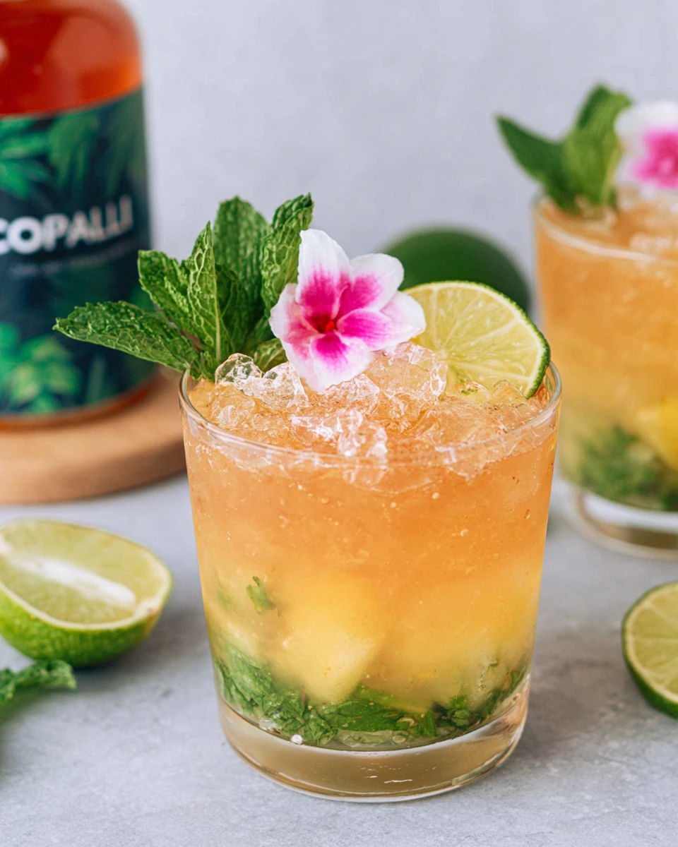 Mango Rum Swizzle cocktail served in a double old fashioned glass filled with crushed ice, made with white rum, mango juice, fresh lime juice, mint leaves, simple syrup, and bitters, garnished with a mint sprig, orchid flower, and lime round on a white marble countertop in natural light.