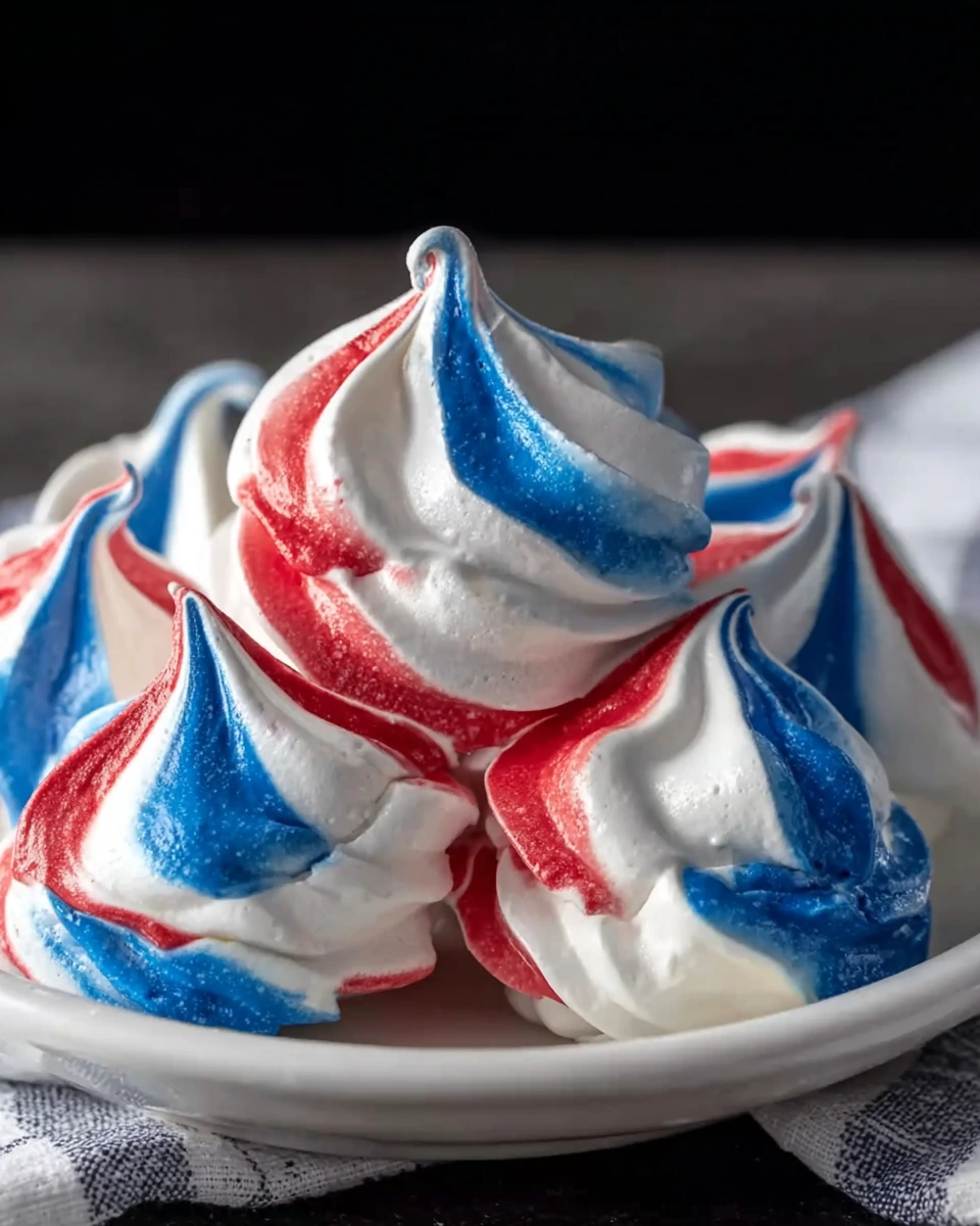 Close-up of red, white, and blue meringue kisses on a white marble kitchen counter, showing crisp airy textures and delicate swirls with soft natural window light in a cozy homemade setting.