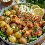 Easy Mediterranean Sheet Pan Chicken and Potato Bowls served with roasted chicken, crispy potatoes, fluffy basmati rice, fresh arugula, crumbled feta cheese, and lemon wedges in a healthy Mediterranean-inspired dinner bowl.