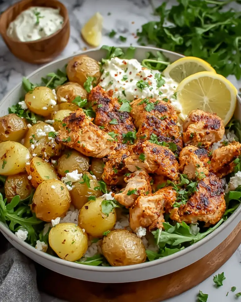 Easy Mediterranean Sheet Pan Chicken and Potato Bowls served with roasted chicken, crispy potatoes, fluffy basmati rice, fresh arugula, crumbled feta cheese, and lemon wedges in a healthy Mediterranean-inspired dinner bowl.