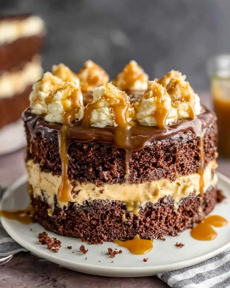 A thick slice of Chocolate Whiskey Cake with Salted Caramel Buttercream and dark chocolate ganache on a white plate. The moist chocolate cake layers are filled with creamy salted caramel frosting and topped with glossy chocolate ganache drips, creating an elegant homemade dessert perfect for celebrations and special occasions.