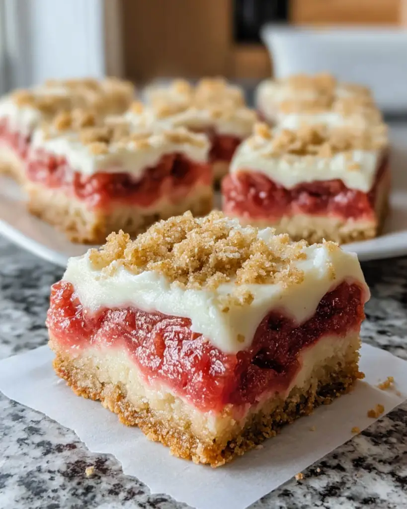 Freshly made Rhubarb Bars with Cream Cheese topped with a smooth cream cheese layer over sweet-tart rhubarb filling and a buttery oat crust, sliced into squares and served on a white plate in natural light.