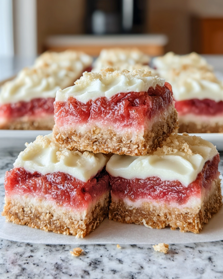 Freshly made Rhubarb Bars with Cream Cheese topped with a smooth cream cheese layer over sweet-tart rhubarb filling and a buttery oat crust, sliced into squares and served on a white plate in natural light.