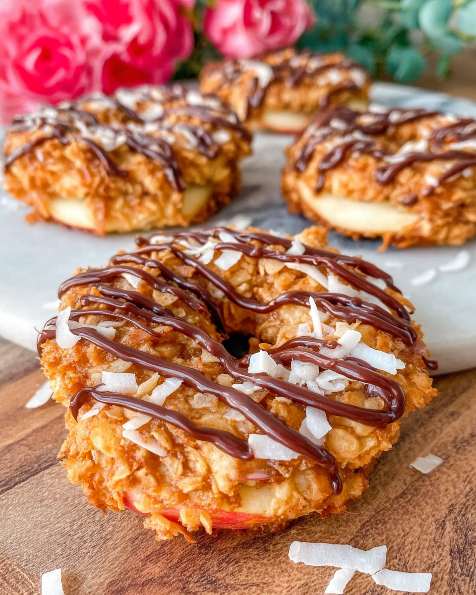 Samoa Apple Slices topped with creamy almond butter coconut filling and chocolate drizzle on a white marble countertop, photographed in natural light with a homemade rustic presentation.