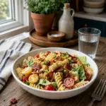 Crispy Creamy BLT Pasta Salad served in a white bowl with rotini pasta, crispy bacon, fresh romaine lettuce, cherry tomatoes, green onions, and creamy dressing on a white marble kitchen counter in natural light.