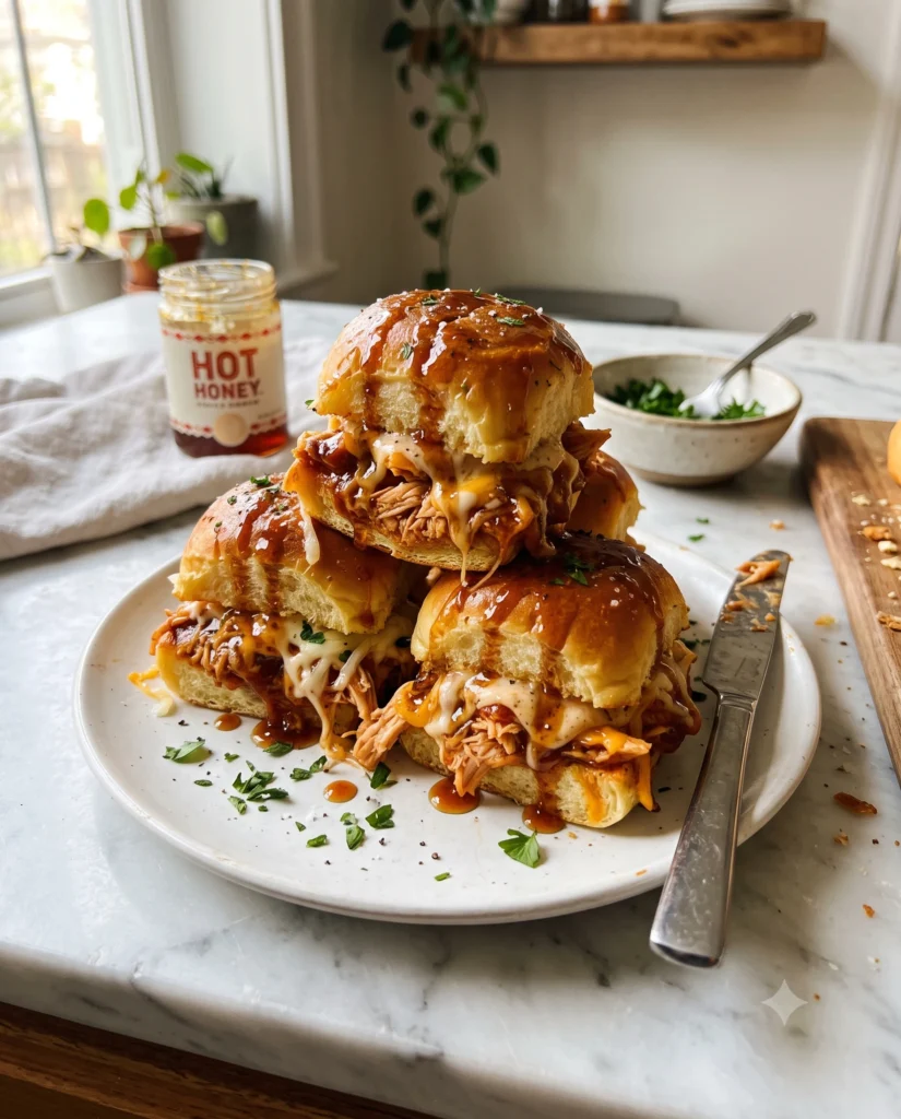 Close-up of homemade Hot Honey Chipotle Chicken Sliders stacked on a wooden board with soft golden Hawaiian rolls, juicy chipotle chicken, creamy honey chipotle mayo, melted mozzarella and cheddar cheese, brushed with hot honey butter and garnished with fresh parsley.