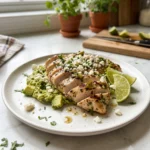 Juicy Fiesta Lime Chicken with Avocado topped with creamy mashed avocado, crumbled queso fresco, fresh cilantro, and lime wedges, served on a white plate in natural light for an easy homemade dinner.