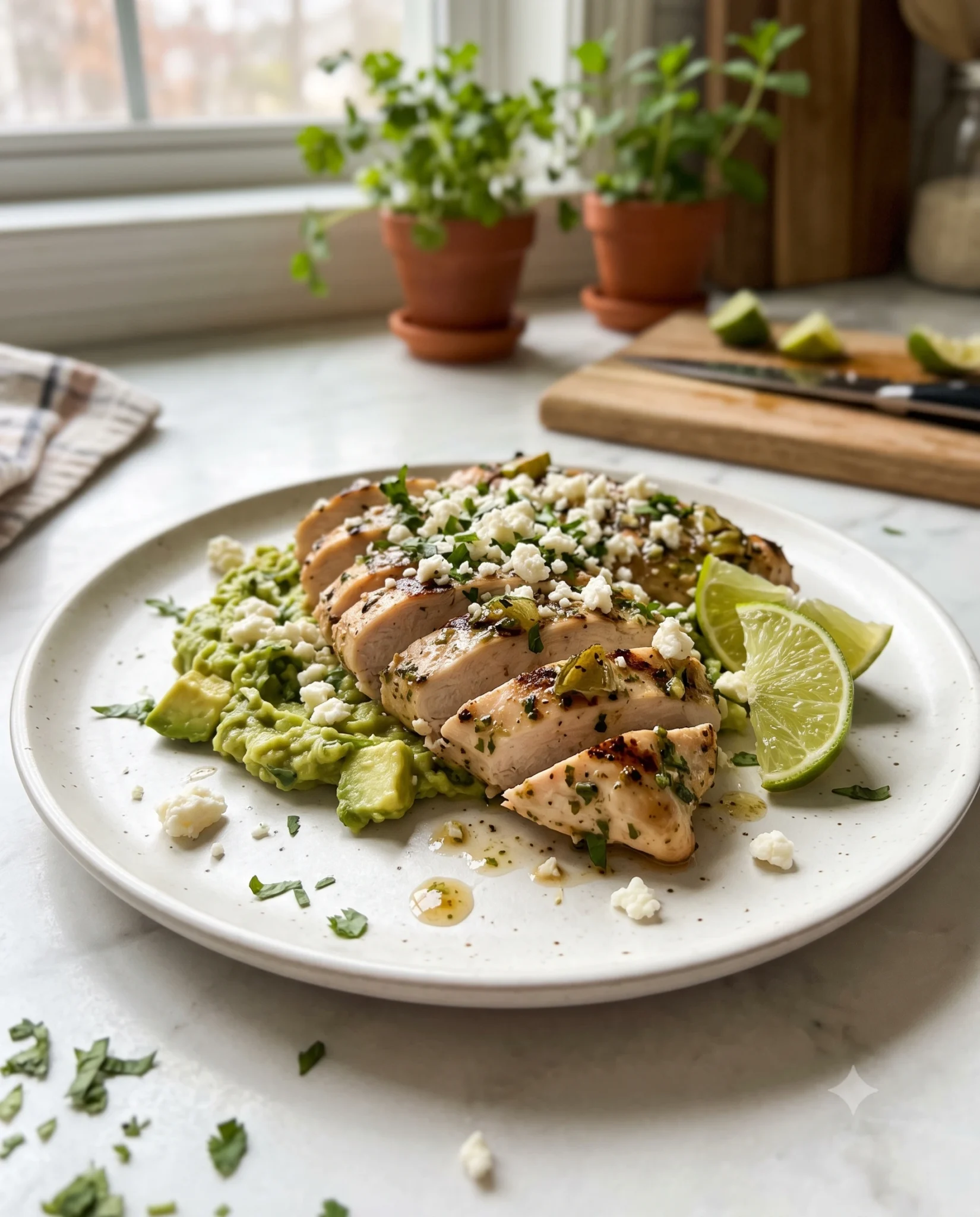 Juicy Fiesta Lime Chicken with Avocado topped with creamy mashed avocado, crumbled queso fresco, fresh cilantro, and lime wedges, served on a white plate in natural light for an easy homemade dinner.