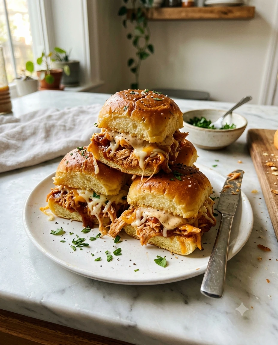Close-up of homemade Hot Honey Chipotle Chicken Sliders stacked on a wooden board with soft golden Hawaiian rolls, juicy chipotle chicken, creamy honey chipotle mayo, melted mozzarella and cheddar cheese, brushed with hot honey butter and garnished with fresh parsley.