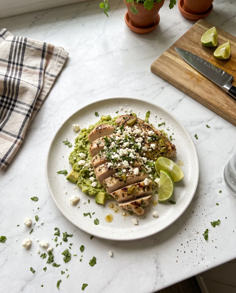 Juicy Fiesta Lime Chicken with Avocado topped with creamy mashed avocado, crumbled queso fresco, fresh cilantro, and lime wedges, served on a white plate in natural light for an easy homemade dinner.