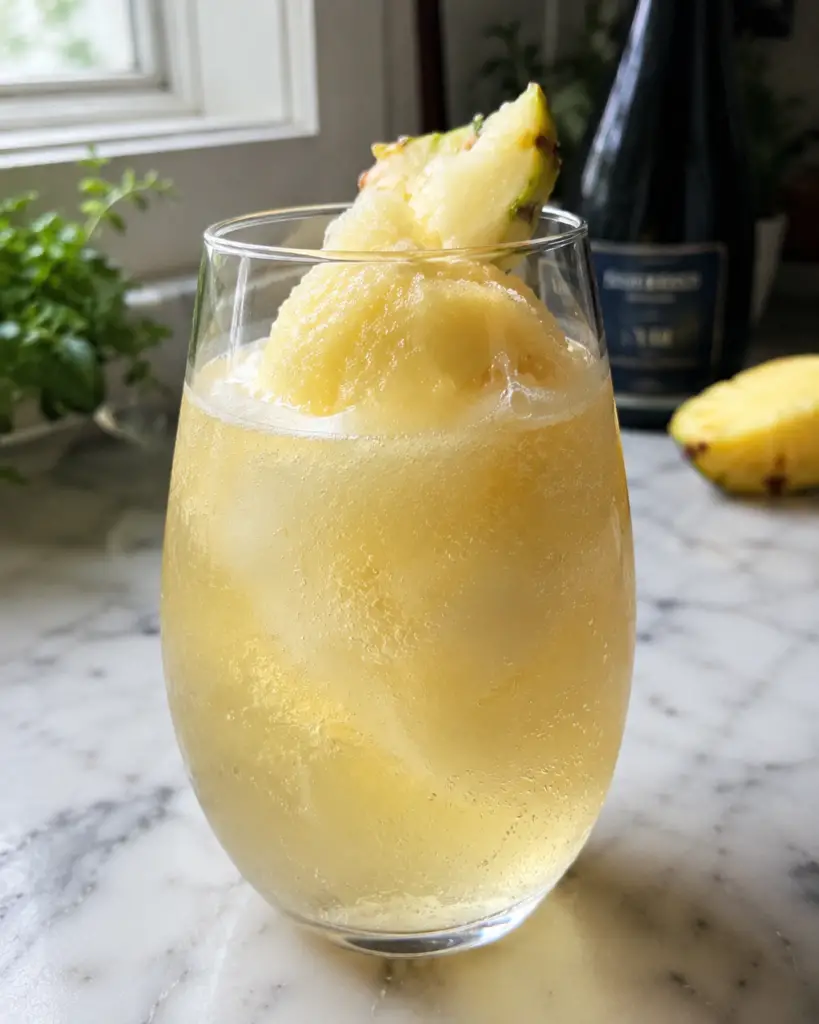 A glass of Prosecco Pineapple Sorbet Float made with homemade pineapple sorbet, chilled Prosecco, fresh pineapple slices, mint, and edible flowers for an elegant tropical cocktail.