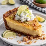 A slice of homemade 7-Ingredient Key Lime Pie with a buttery graham cracker and macadamia nut crust, creamy key lime filling, whipped cream, fresh lime zest, and lime slices on a white marble countertop in natural window light.