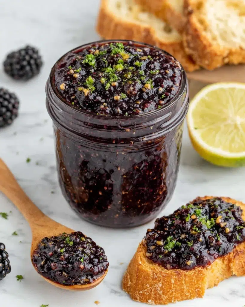 A glass mason jar filled with glossy homemade Blackberry Jalapeno Jam sits on a white marble countertop beside fresh blackberries, sliced jalapeños, lemon halves, and toasted artisan bread. The sweet and spicy jam has a rich deep-purple color with visible blackberry seeds, creating an inviting homemade presentation in natural kitchen lighting.