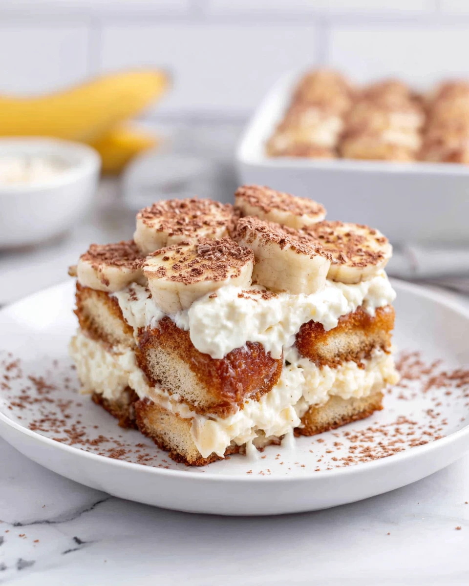 Close-up of homemade Bourbon Banana Pudding Tiramisu layered with coffee-soaked ladyfingers, creamy mascarpone filling, fresh banana slices, and a generous dusting of cocoa powder in a baking dish.