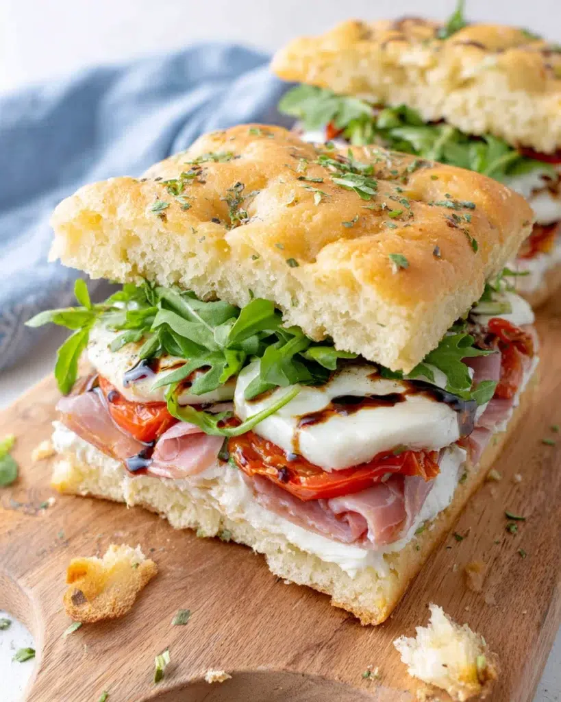 Classic Italian Focaccia Sandwich made with fluffy focaccia bread, fresh mozzarella, prosciutto, roasted red peppers, peppery arugula, and balsamic glaze, sliced and served on a white marble countertop in natural light.