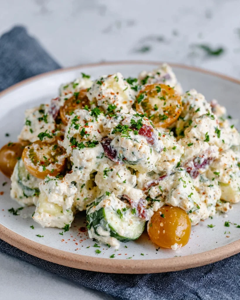 A bowl of creamy Cottage Cheese Salad made with fresh cottage cheese, chopped cucumbers, cherry tomatoes, red onion, dill, cracked black pepper, flaky sea salt, and a drizzle of olive oil. This healthy, high-protein salad is fresh, colorful, and ready in just 10 minutes.