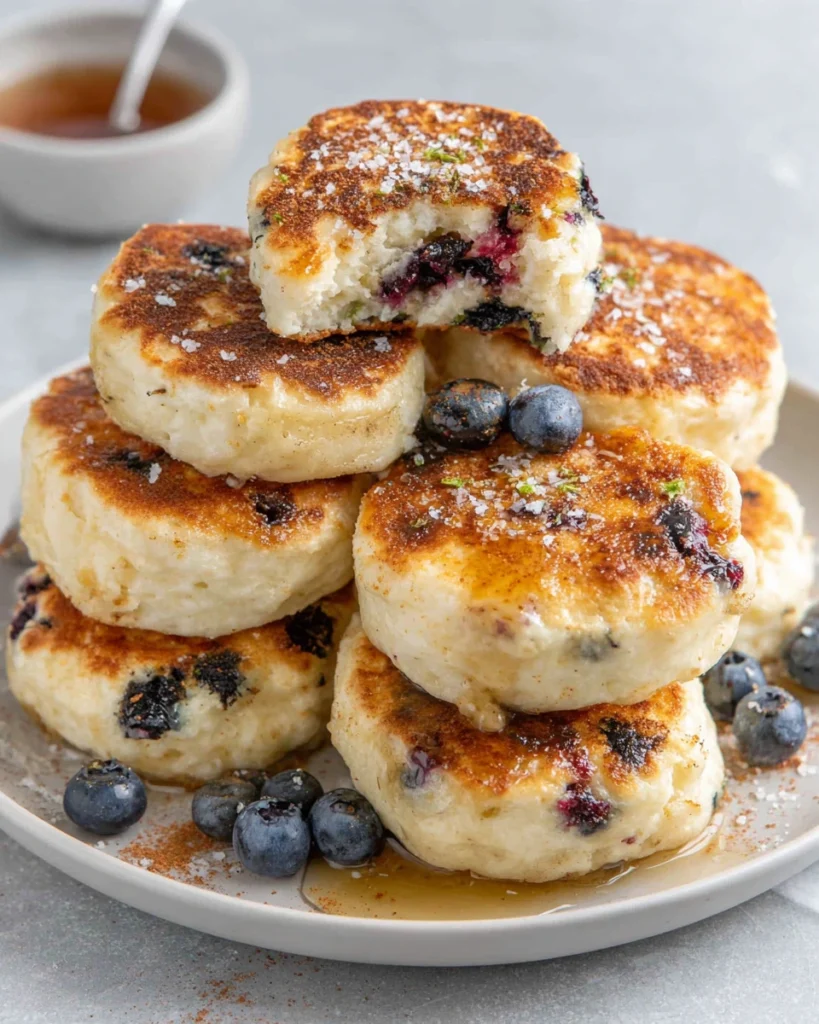 A plate of fluffy Easy 15-Minute Lemon Blueberry Cottage Cheese Pancake Bites topped with fresh blueberries and lemon zest, served on a white plate with maple syrup in natural window light, creating a cozy homemade breakfast scene.