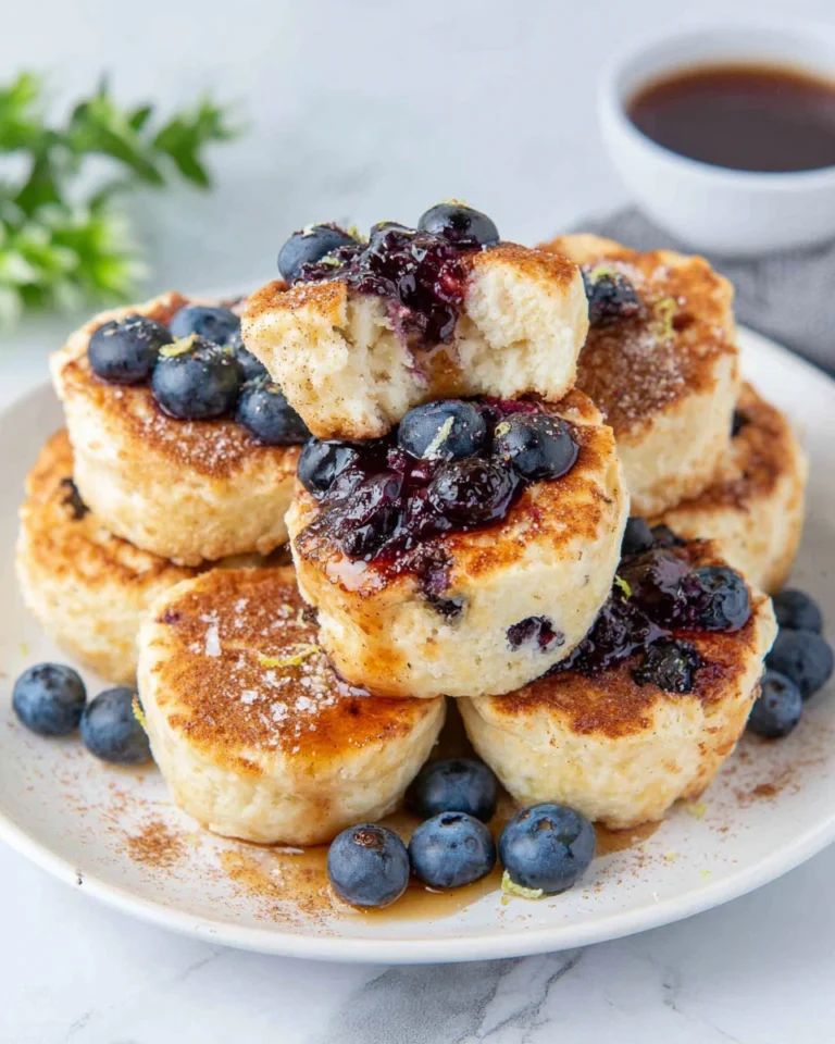 A plate of fluffy Easy 15-Minute Lemon Blueberry Cottage Cheese Pancake Bites topped with fresh blueberries and lemon zest, served on a white plate with maple syrup in natural window light, creating a cozy homemade breakfast scene.