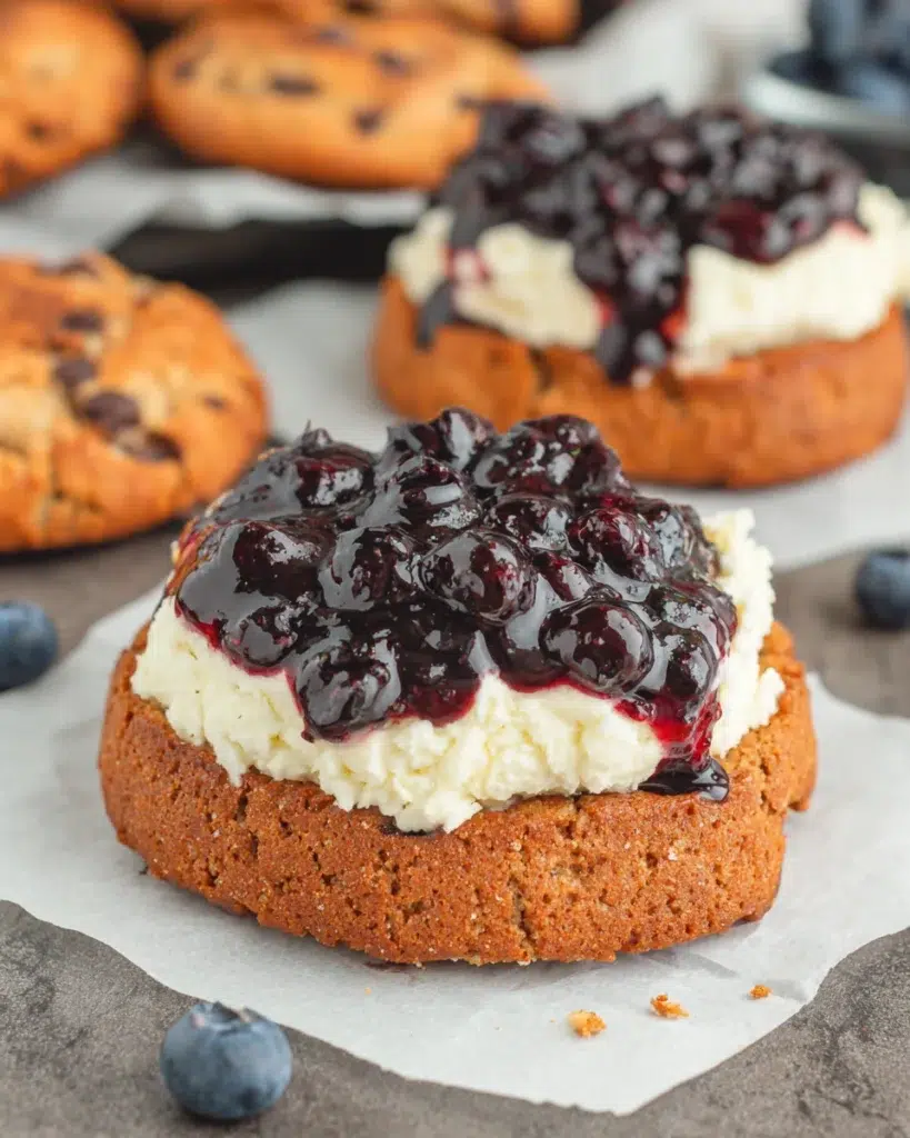 Close-up of homemade Gluten Free Blueberry Cheesecake Cookies with buttery lemon cookie dough swirled with blueberry jam, filled with creamy vanilla cheesecake, and topped with fresh blueberry sauce on a white marble countertop in natural window light.