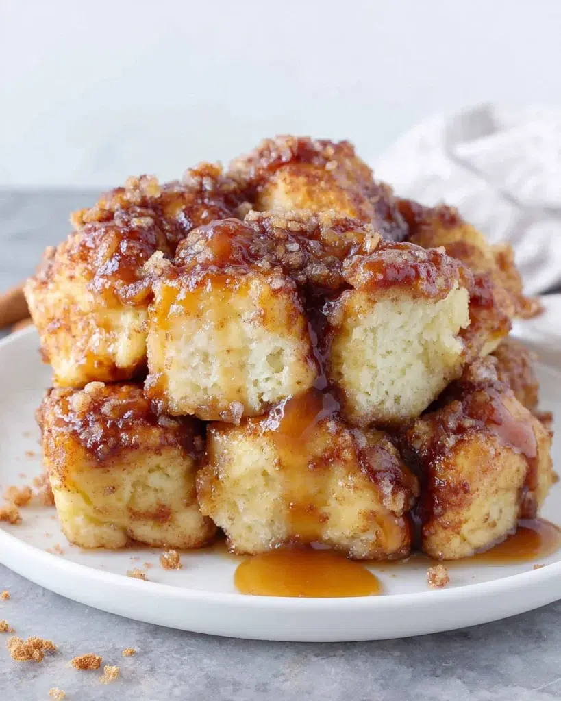 Freshly baked Granny's Monkey Bread Recipe served on a white plate, featuring golden pull-apart biscuit dough coated in buttery cinnamon sugar caramel. Homemade monkey bread photographed in natural kitchen light with a warm, gooey texture and rustic presentation, perfect for breakfast, brunch, or dessert.