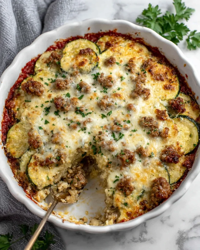 Ground Turkey Zucchini Casserole baked in a white ceramic baking dish with layers of seasoned ground turkey, tender zucchini, marinara sauce, melted mozzarella, and Parmesan cheese, photographed in natural window light on a white marble countertop.