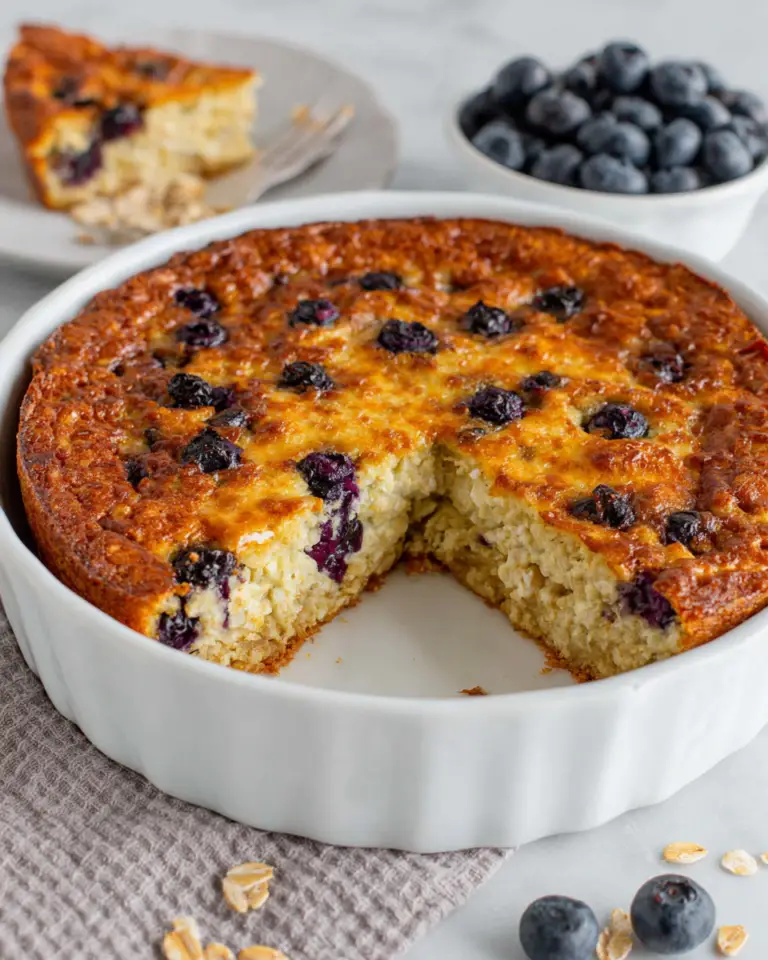 A slice of high-protein breakfast bake made with cottage cheese, rolled oats, eggs, and fresh blueberries, served on a white plate in natural window light with a soft homemade appearance.