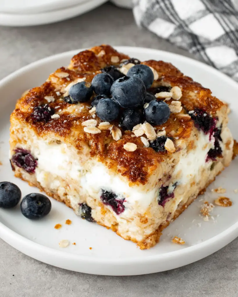 A slice of high-protein breakfast bake made with cottage cheese, rolled oats, eggs, and fresh blueberries, served on a white plate in natural window light with a soft homemade appearance.