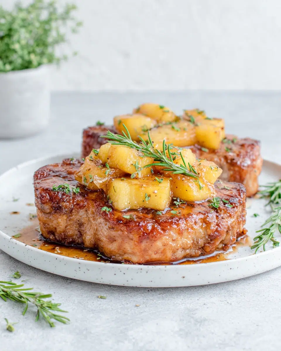 Homemade Peach Pork Chops served in a skillet with caramelized fresh peaches, balsamic butter sauce, rosemary, and thyme. Juicy golden-brown pork chops photographed in natural light on a white marble countertop for a warm homemade dinner presentation.