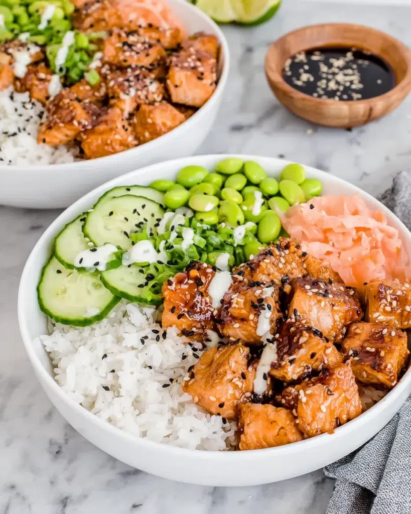 Honey Sriracha Salmon Bowls served with caramelized salmon bites over fluffy white rice, fresh avocado, cucumber, edamame, and a drizzle of sriracha mayo in a homemade-style bowl.