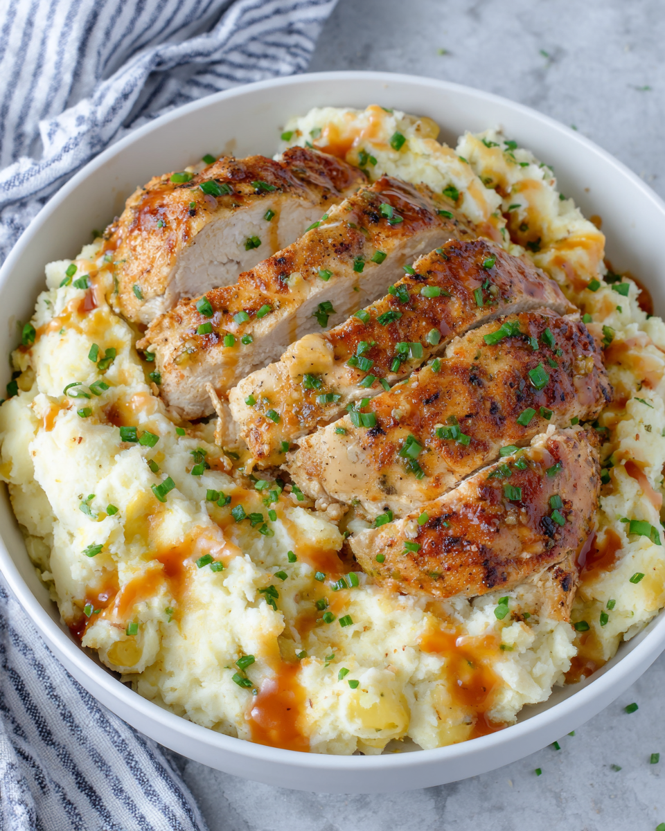 Juicy grilled chicken sliced over creamy Yukon Gold mashed potatoes in a white serving bowl, garnished with fresh chives and a drizzle of barbecue sauce. A comforting homemade dinner photographed in natural light on a white marble countertop.