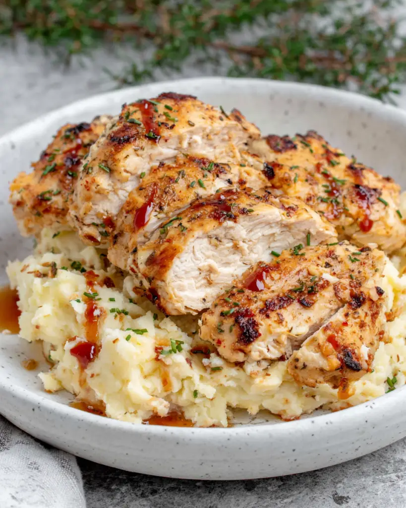 Juicy grilled chicken sliced over creamy Yukon Gold mashed potatoes in a white serving bowl, garnished with fresh chives and a drizzle of barbecue sauce. A comforting homemade dinner photographed in natural light on a white marble countertop.