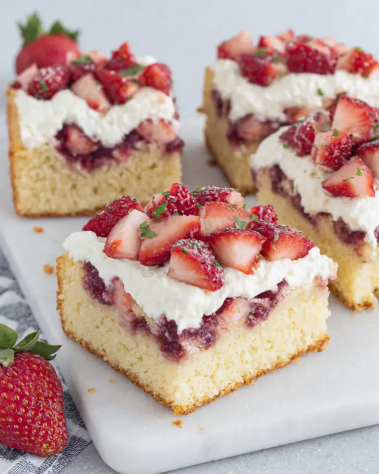 Keto Strawberry Shortcake Bars topped with fresh chopped strawberries and a fluffy cream cheese whipped topping on a buttery almond flour crust, served on a white plate in natural light.