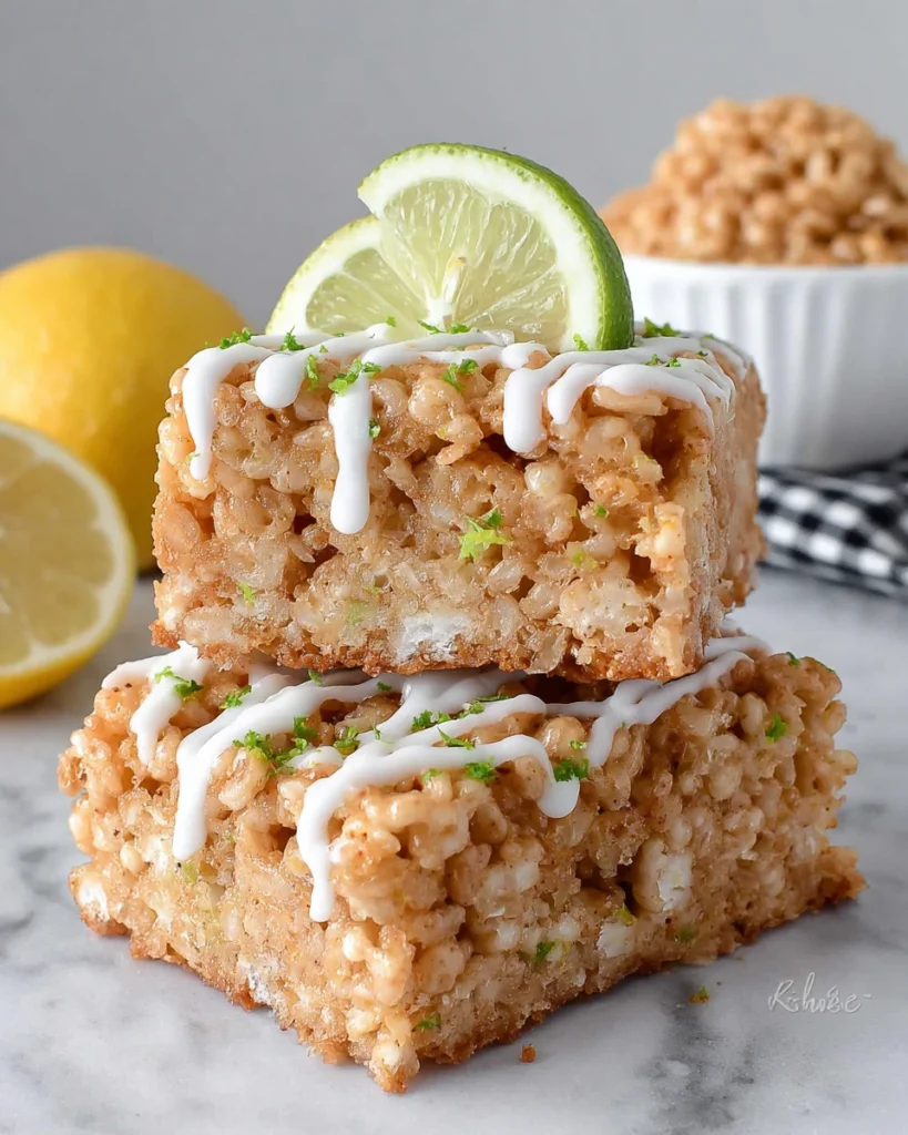 Close-up of homemade Lemon Rice Krispy Treats topped with a white chocolate drizzle and fresh lemon zest on a white marble countertop. These chewy no-bake dessert bars are made with Rice Krispies cereal, marshmallows, and lemon zest, making them a bright and refreshing treat for spring, Easter, or any celebration.