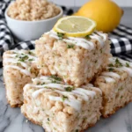 Close-up of homemade Lemon Rice Krispy Treats topped with a white chocolate drizzle and fresh lemon zest on a white marble countertop. These chewy no-bake dessert bars are made with Rice Krispies cereal, marshmallows, and lemon zest, making them a bright and refreshing treat for spring, Easter, or any celebration.