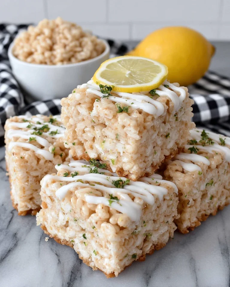 Close-up of homemade Lemon Rice Krispy Treats topped with a white chocolate drizzle and fresh lemon zest on a white marble countertop. These chewy no-bake dessert bars are made with Rice Krispies cereal, marshmallows, and lemon zest, making them a bright and refreshing treat for spring, Easter, or any celebration.