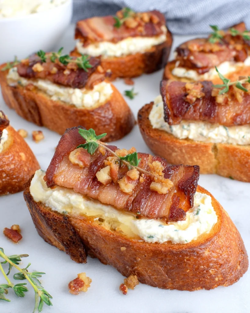 Million Dollar Bacon Goat Cheese Crostini served on a platter with crispy candied bacon pressed into creamy goat cheese, surrounded by golden toasted baguette slices and drizzled with hot honey, an easy homemade party appetizer.