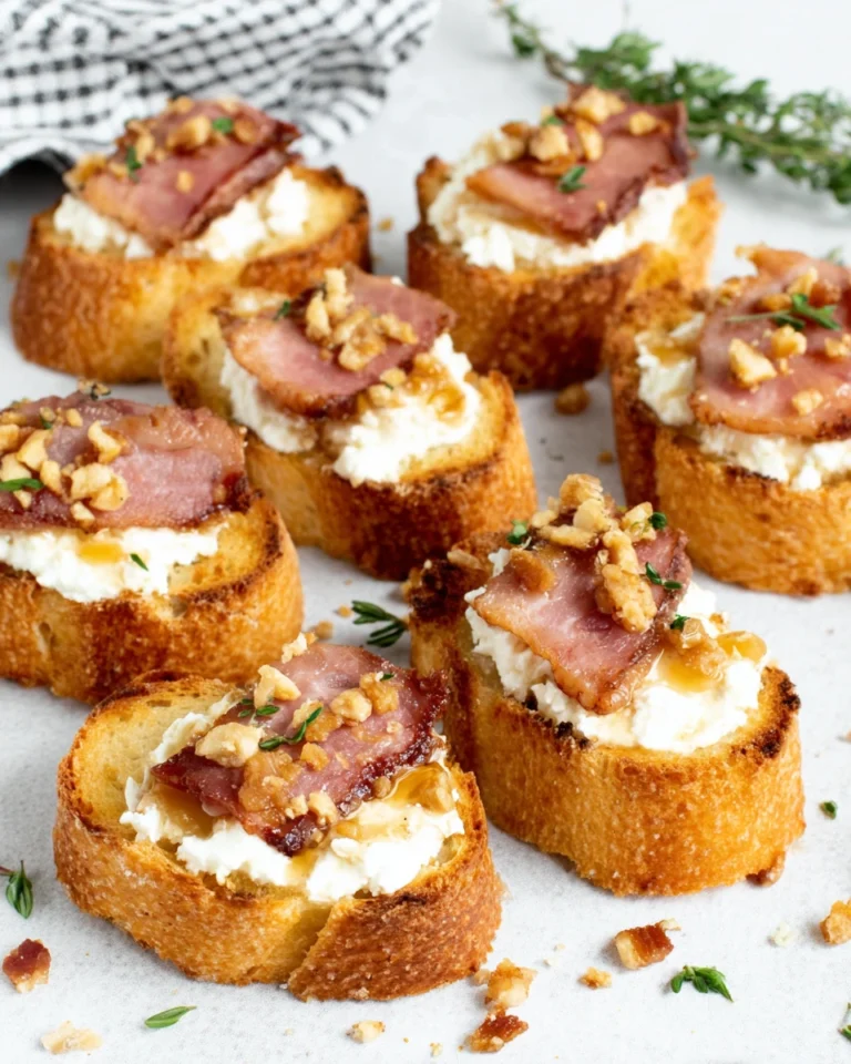 Million Dollar Bacon Goat Cheese Crostini served on a platter with crispy candied bacon pressed into creamy goat cheese, surrounded by golden toasted baguette slices and drizzled with hot honey, an easy homemade party appetizer.