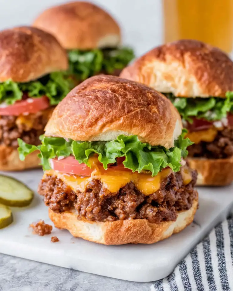 Mini Cheeseburger Slider Bites stacked on skewers with juicy seasoned beef, melted cheddar cheese, fresh lettuce, tomato slices, dill pickles, toasted slider buns, and creamy special sauce, served on a platter for parties and game day entertaining.