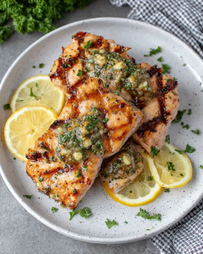 Perfectly grilled wild-caught salmon topped with creamy lemon herb butter, fresh parsley, and lemon slices on a white serving plate. This easy homemade grilled salmon recipe is flaky, buttery, healthy, and ready in just 25 minutes.