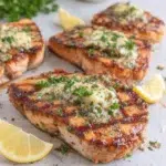 Perfectly grilled wild-caught salmon topped with creamy lemon herb butter, fresh parsley, and lemon slices on a white serving plate. This easy homemade grilled salmon recipe is flaky, buttery, healthy, and ready in just 25 minutes.