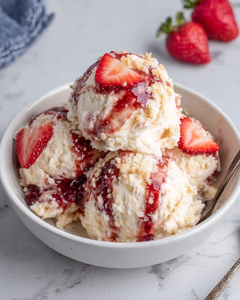 Creamy homemade No Churn Strawberry Jam Ice Cream served in a white bowl with beautiful strawberry jam swirls and fresh strawberry slices. This easy four-ingredient frozen dessert requires no ice cream maker and is perfect for summer.