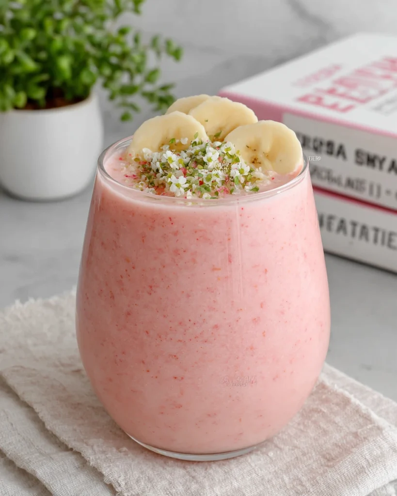 Creamy Pink Protein Smoothie made with frozen banana, Greek yogurt, vanilla protein powder, almond milk, and pink pitaya powder in a clear glass on a white marble countertop.