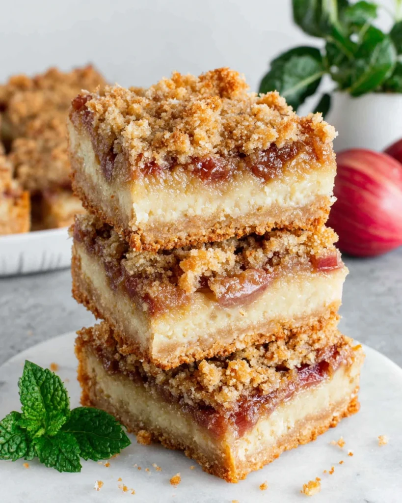 Homemade Rhubarb Custard Bars with a buttery shortbread crust, creamy vanilla custard filling, and fresh chopped rhubarb, sliced into squares and served on a white plate in natural light.