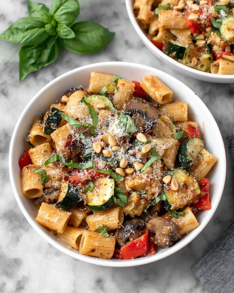 A bowl of roasted vegetable pasta made with rigatoni, caramelized zucchini, red bell peppers, mushrooms, cherry tomatoes, garlic, fresh basil, lemon zest, olive oil, and grated Pecorino cheese, served in natural light on a white marble countertop.